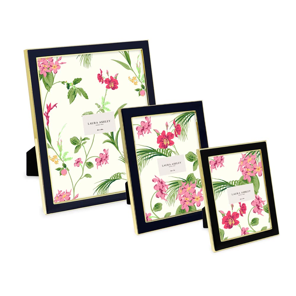 Laura Ashley 5x7 Black Enamel Picture Frame, Gold Metal Edge with Easel, for Countertop, Counterspace, Tabletop Display, Bookshe